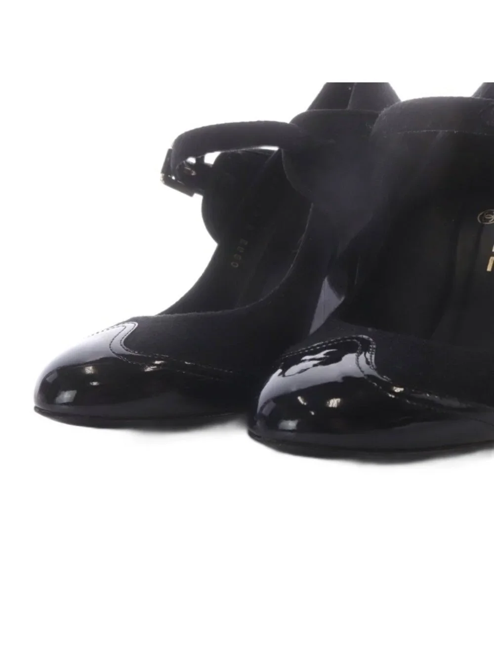 Chanel Pumps Chunky Heel CC Logo Strap Felt Patent Leather Black